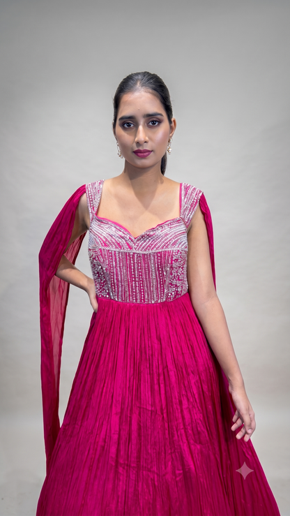 Fuchsia Pink Embellished Cape Sleeve Anarkali Gown