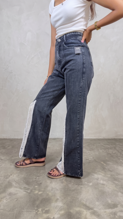 Banarashe Washed Black Sequin Embellished Wide-Leg Denim