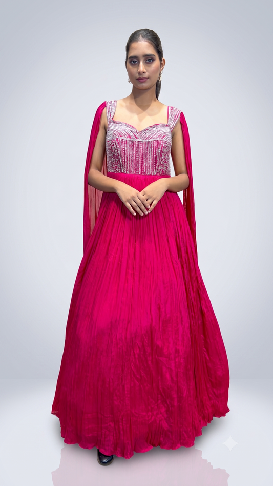 Fuchsia Pink Embellished Cape Sleeve Anarkali Gown