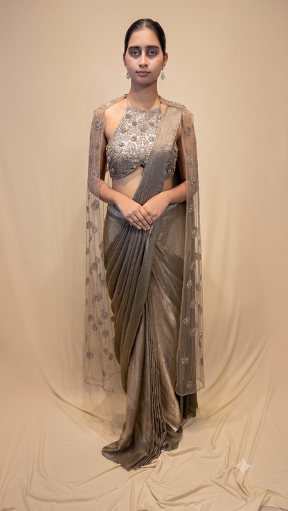 Olive Grey Embellished Pre‑Draped Saree with Cape