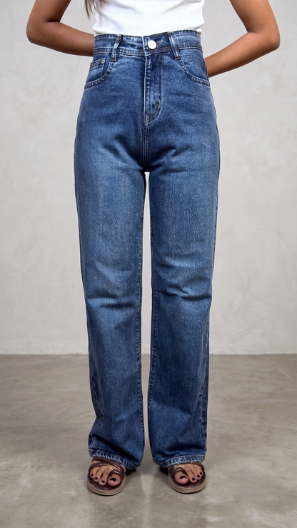 Banarashe Women's High-Waisted Mid-Blue Wide-Leg Jeans