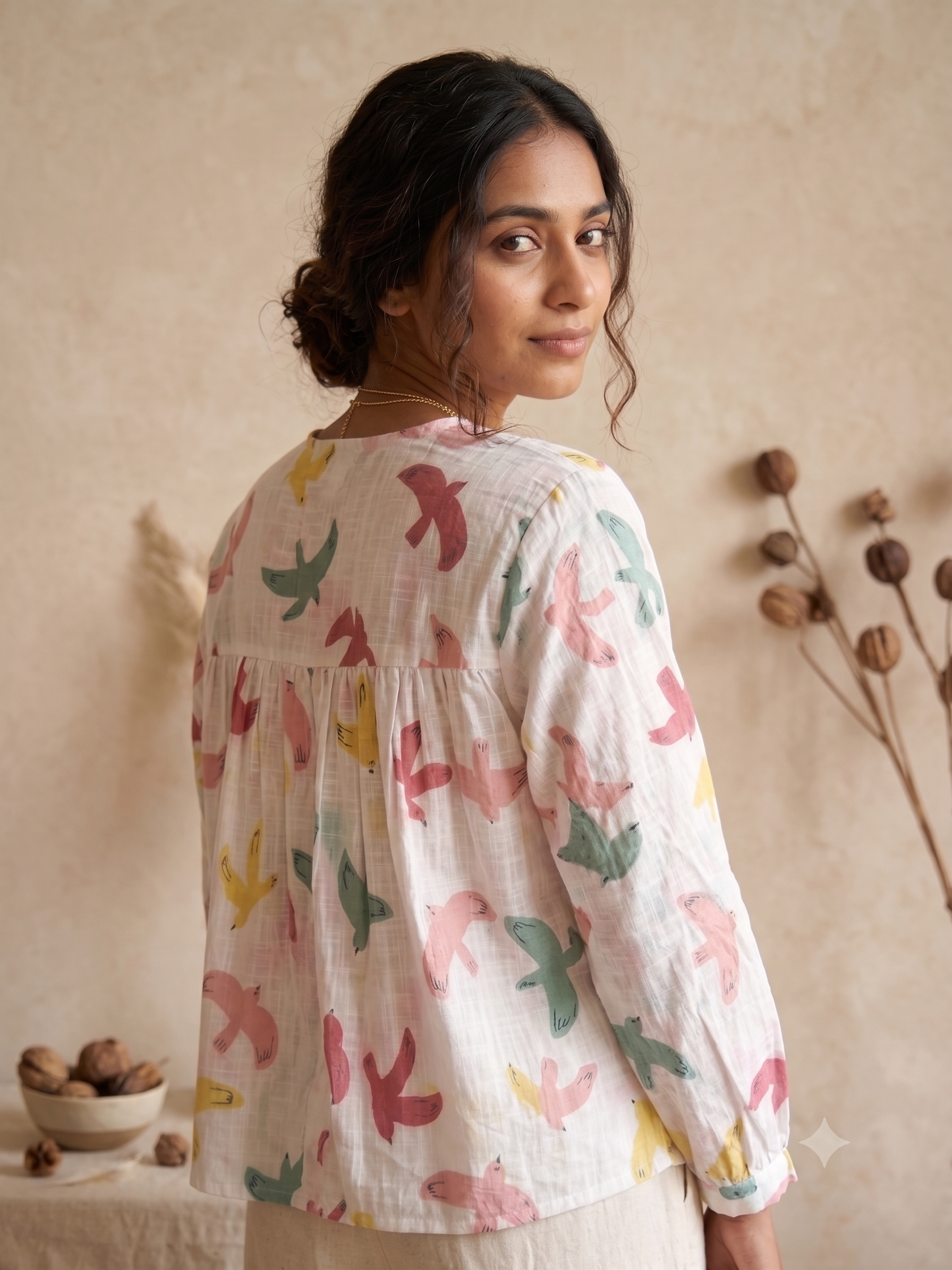 Printed Peasant Top with Tie Up Neck  White