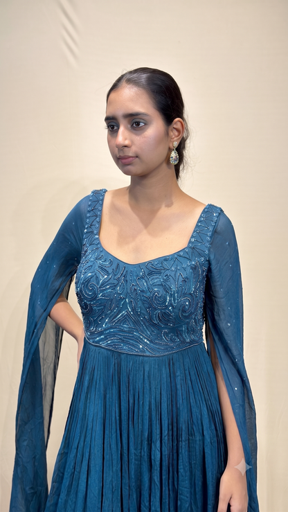 Teal Embellished Cape Sleeve Gown