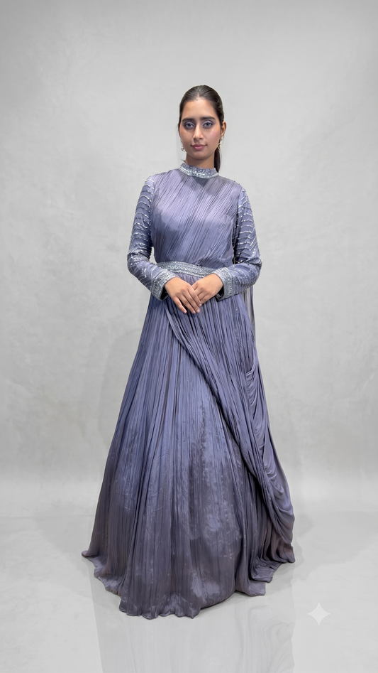Steel Grey Embellished Asymmetrical Draped Anarkali Gown