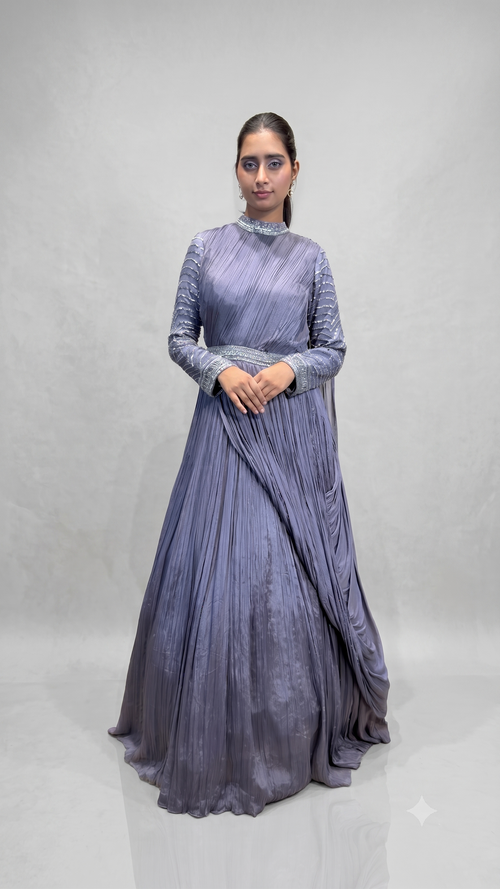 Steel Grey Embellished Asymmetrical Draped Anarkali Gown