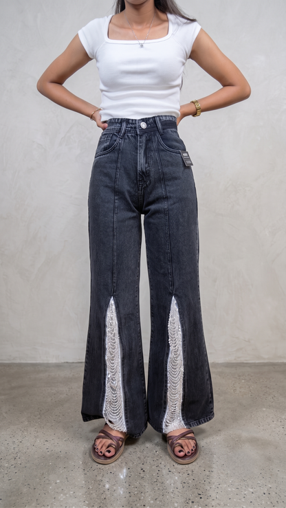 Banarashe Washed Black Sequin Embellished Wide-Leg Denim