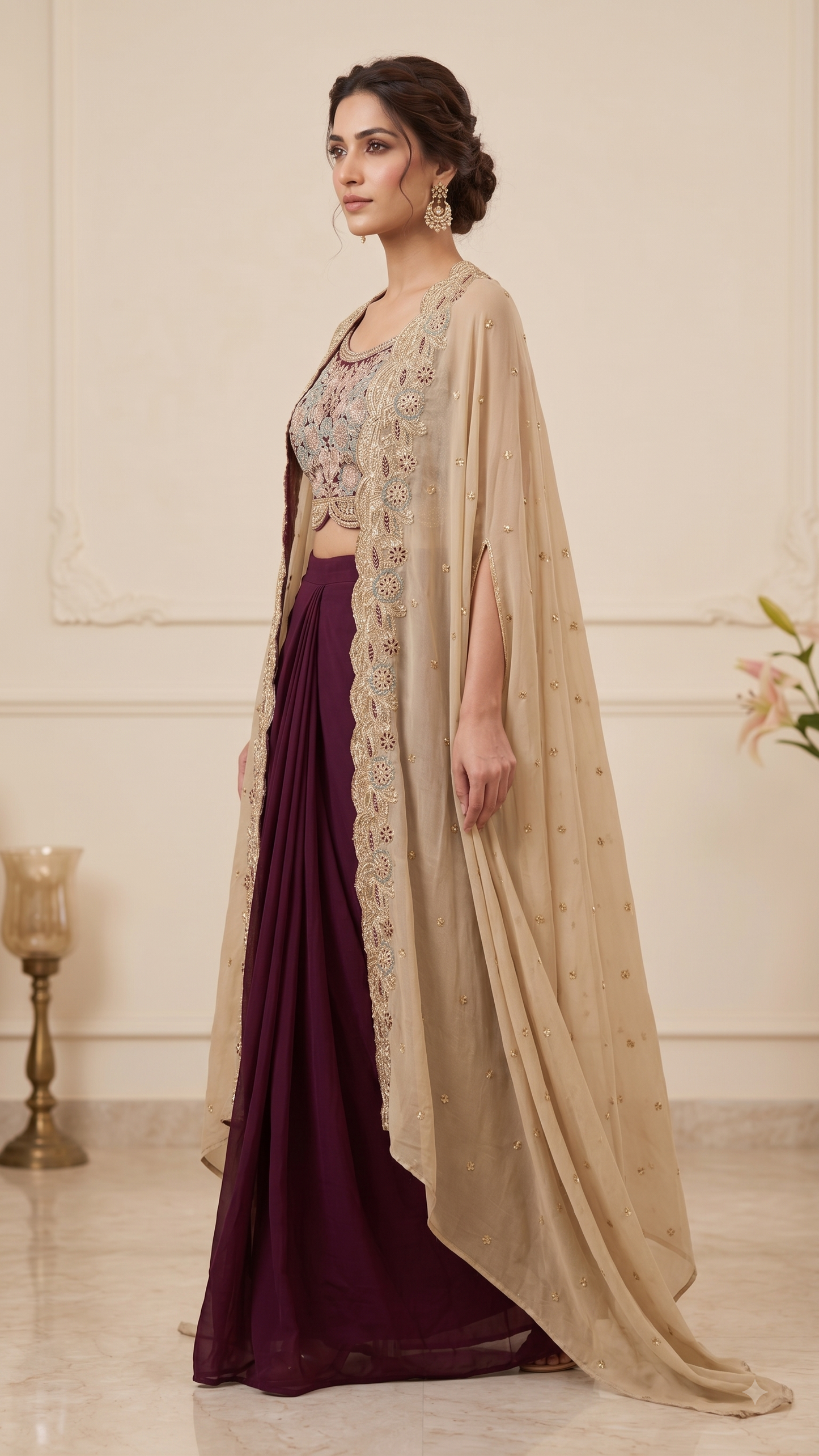 Wine Scalloped Cape Set Embroidered Crop Top & Drape Skirt