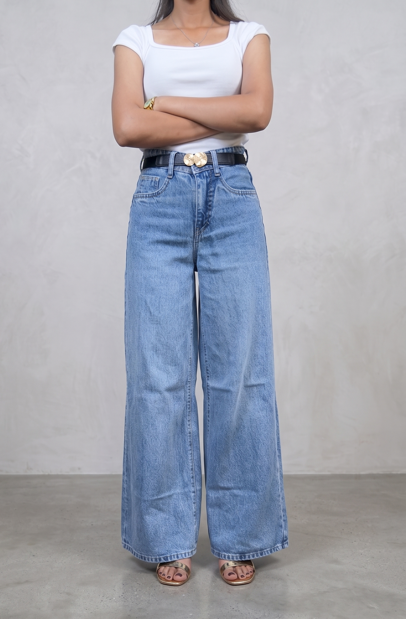 BanaraShe Light Blue High-Waist Wide-Leg Denim Jeans