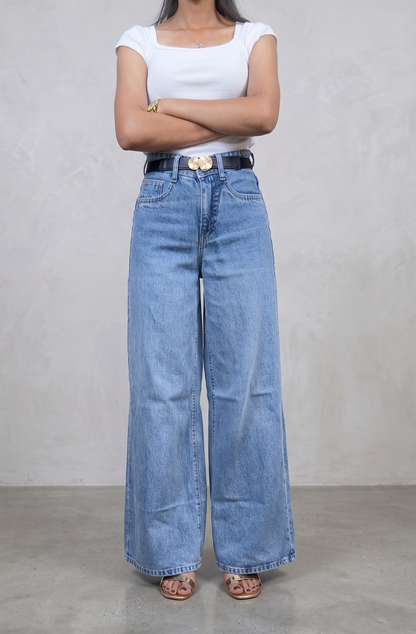 BanaraShe Light Blue High-Waist Wide-Leg Denim Jeans