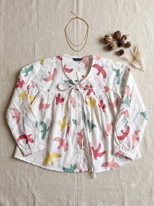 Printed Peasant Top with Tie Up Neck White