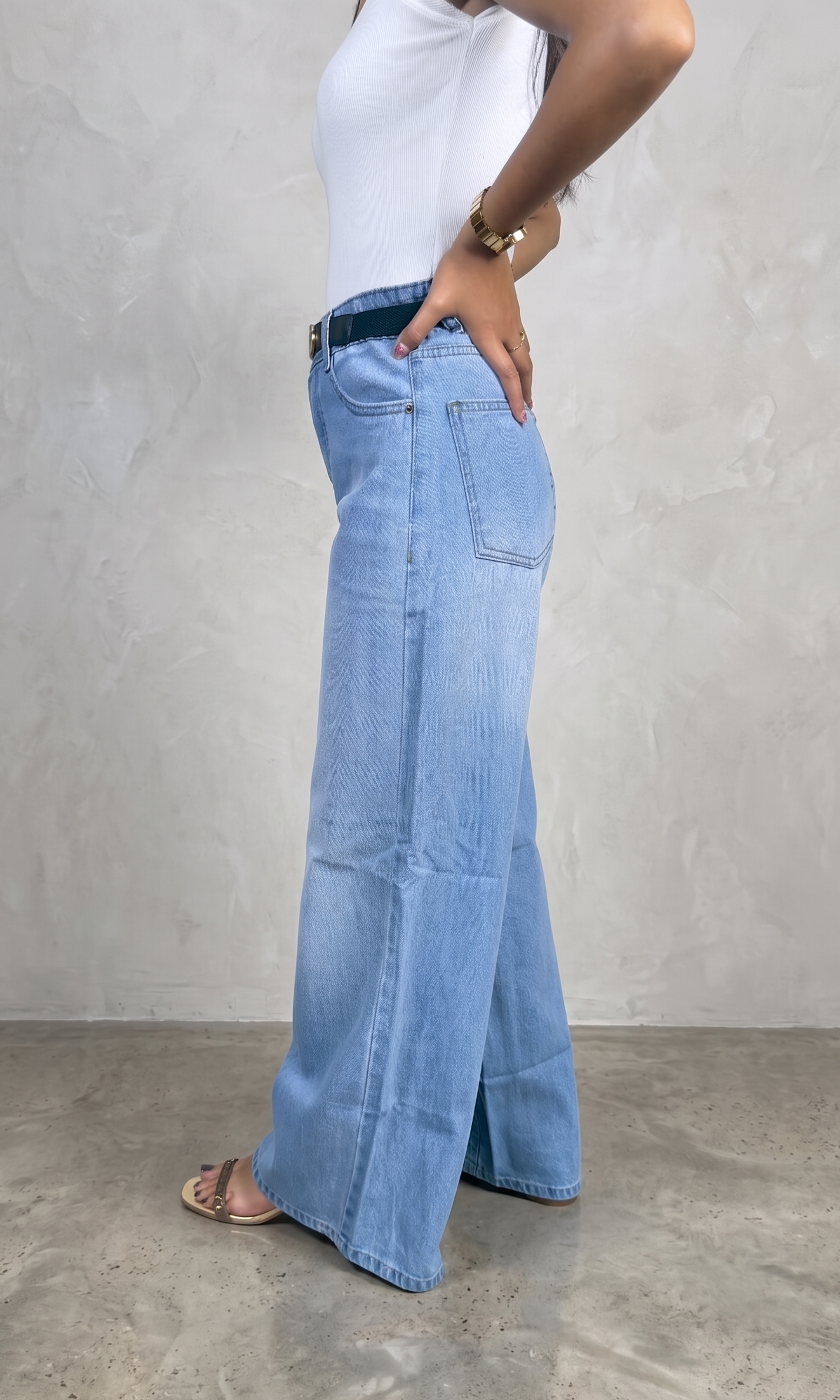 BanaraShe Light Blue High-Waist Wide-Leg Denim Jeans