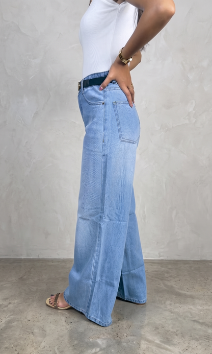 BanaraShe Light Blue High-Waist Wide-Leg Denim Jeans