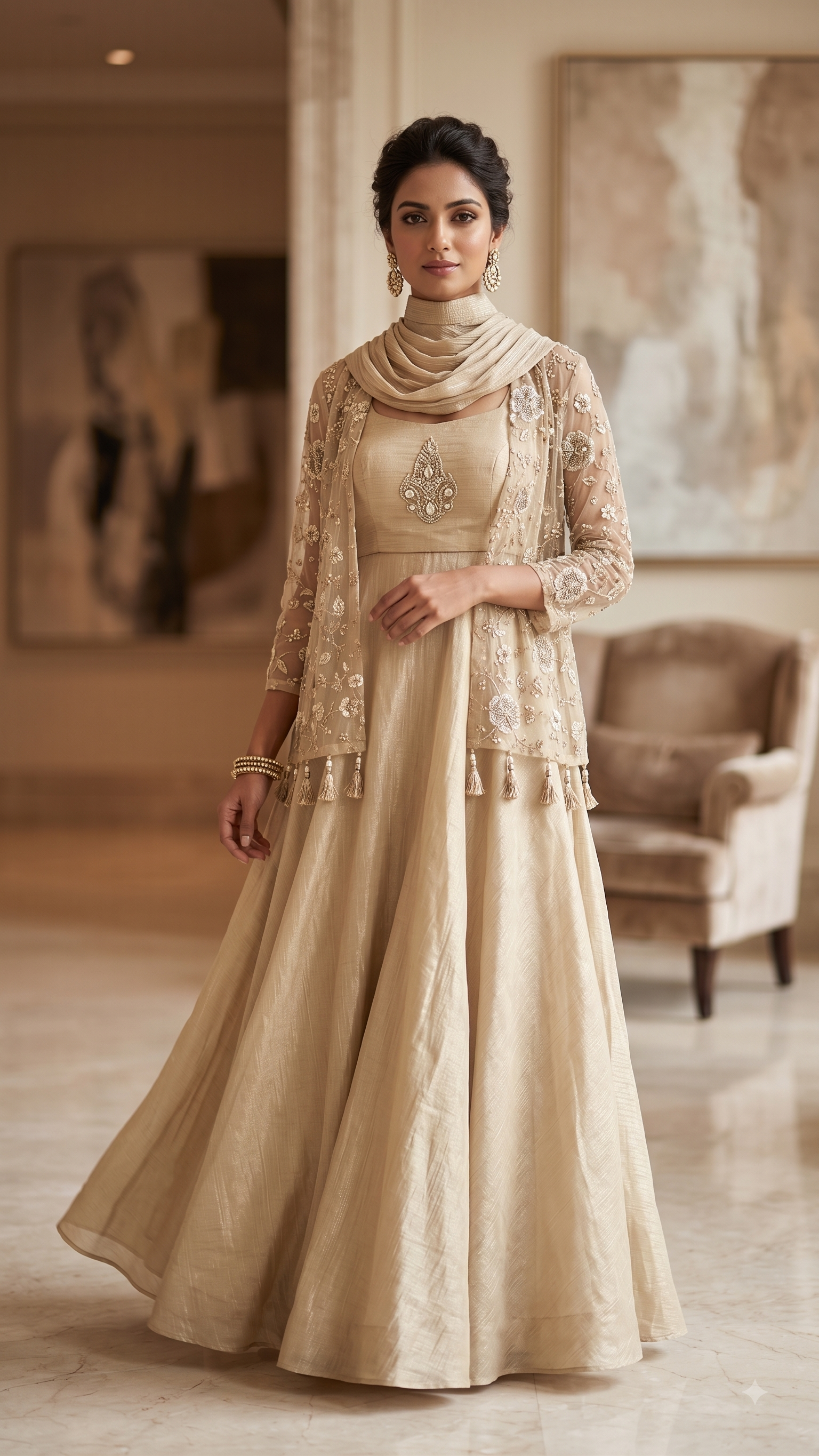 Golden Tissue Flared Gown with Tassel Shrug