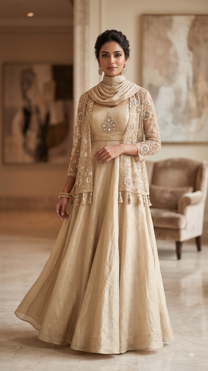 Golden Tissue Flared Gown with Tassel Shrug