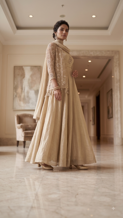 Golden Tissue Flared Gown with Tassel Shrug