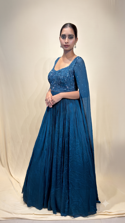 Teal Embellished Cape Sleeve Gown