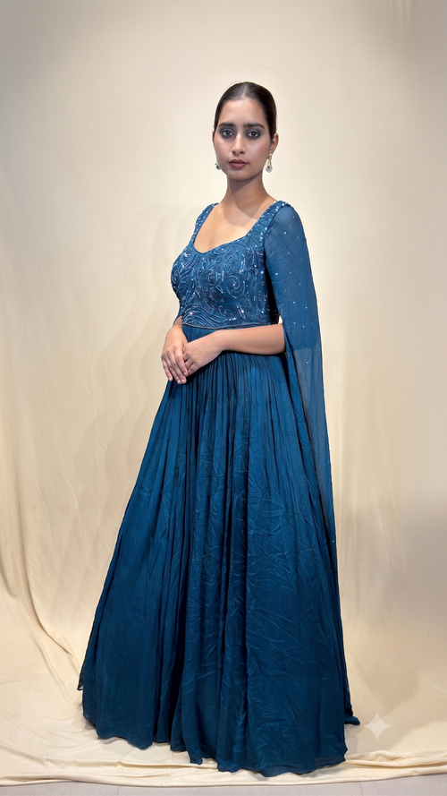 Teal Embellished Cape Sleeve Gown