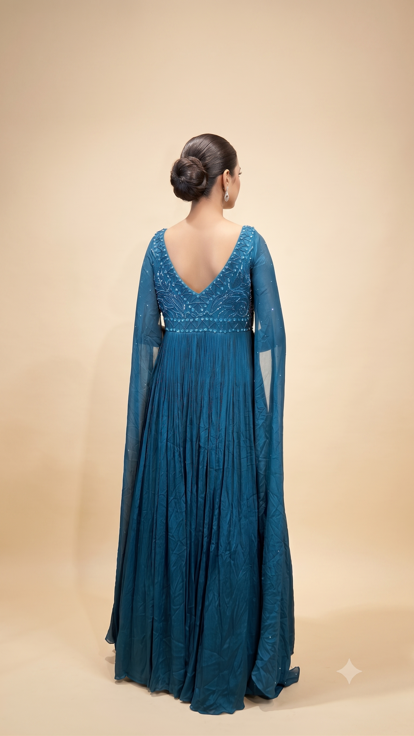 Teal Embellished Cape Sleeve Gown