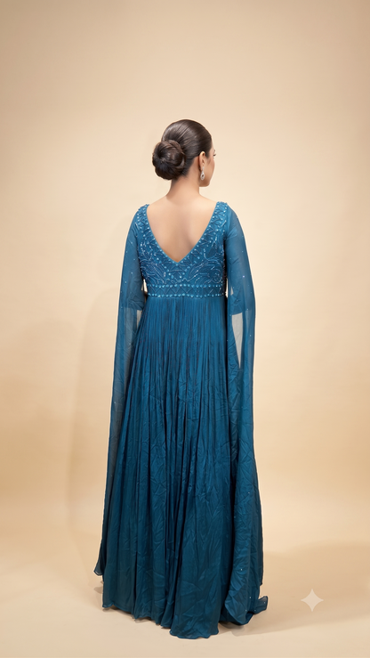 Teal Embellished Cape Sleeve Gown