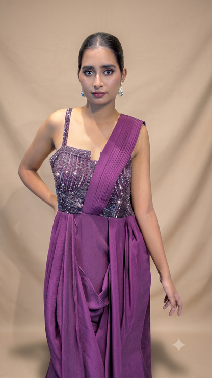 Plum Embellished Draped Saree Gown