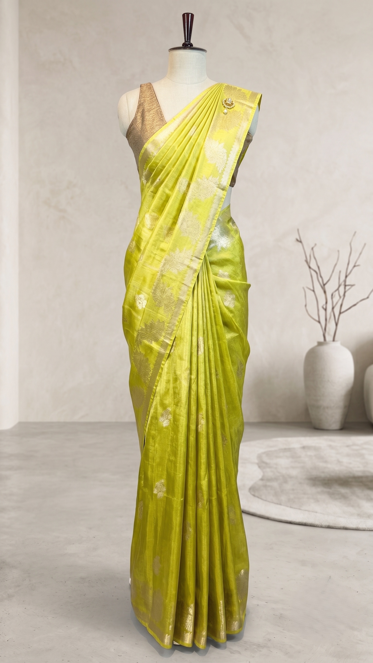 Lime Green Cotton Tissue Saree