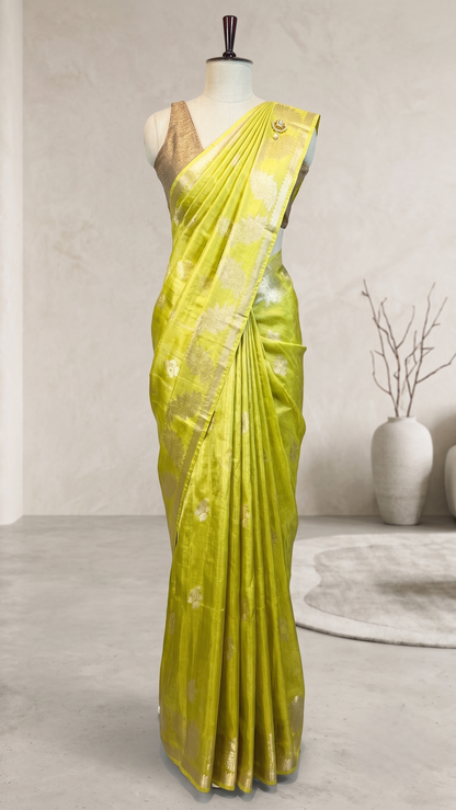 Lime Green Cotton Tissue Saree