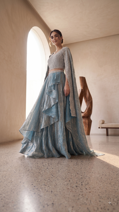 Shimmer Blue 3 Piece Skirt Set with Pearl-Drop Cape