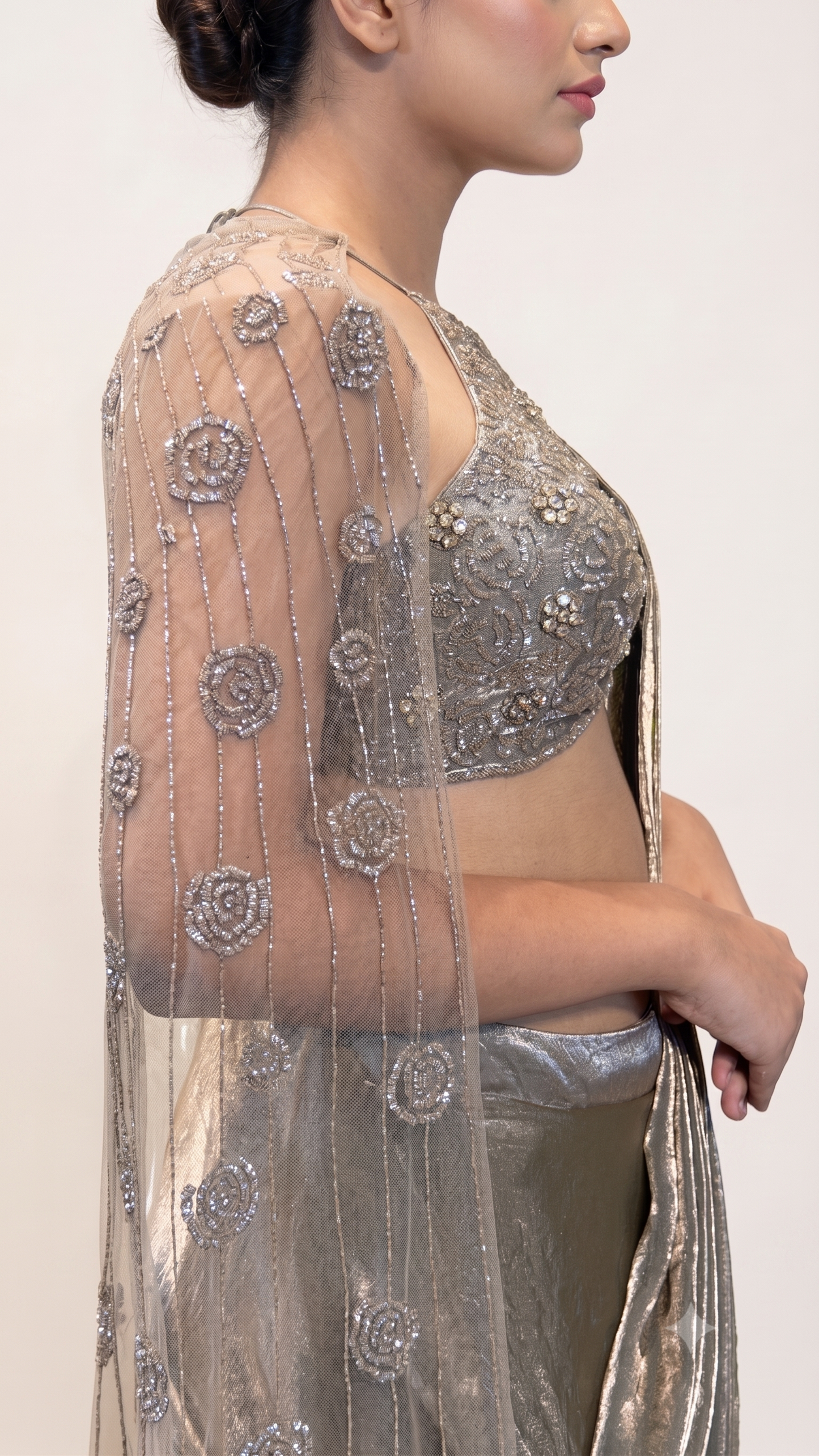 Olive Grey Embellished Pre‑Draped Saree with Cape
