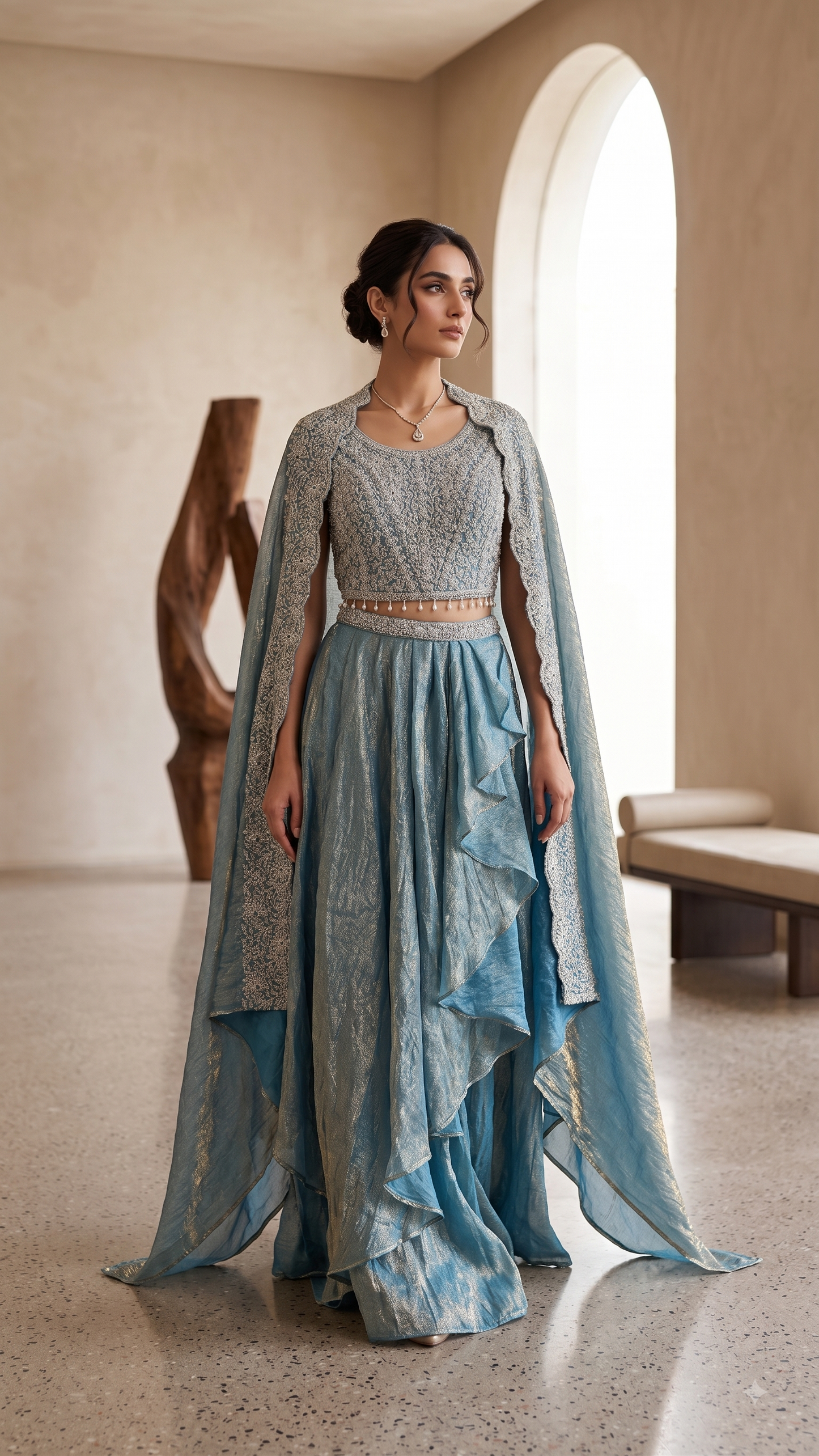 Shimmer Blue 3 Piece Skirt Set with Pearl-Drop Cape