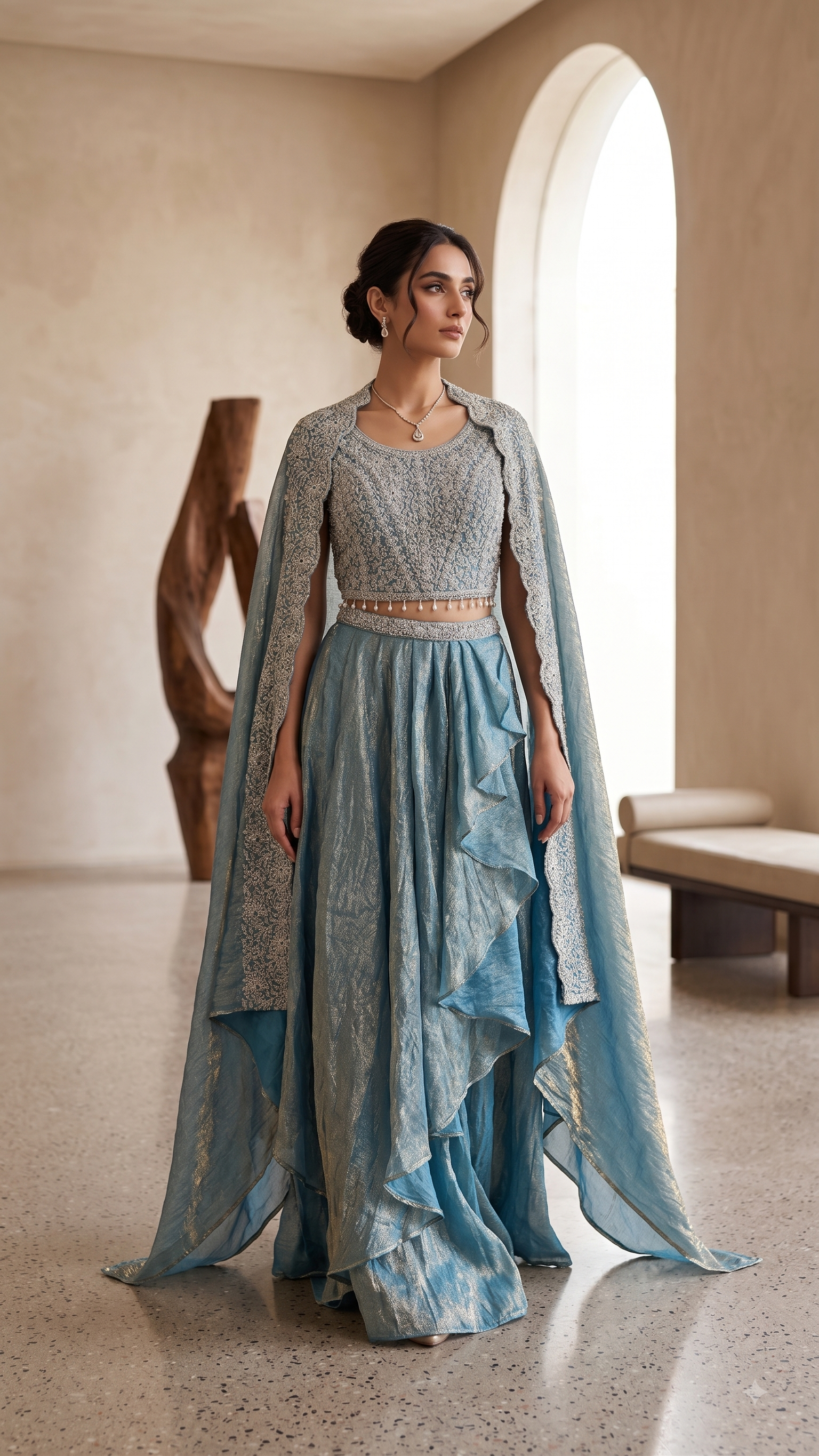 Shimmer Blue 3 Piece Skirt Set with Pearl-Drop Cape