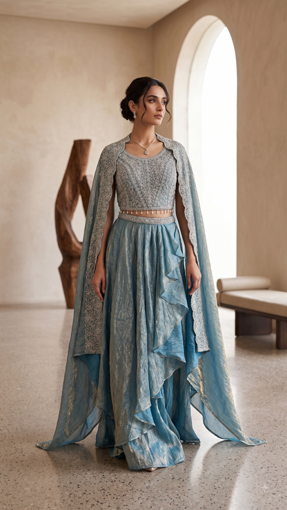 Shimmer Blue 3 Piece Skirt Set with Pearl-Drop Cape