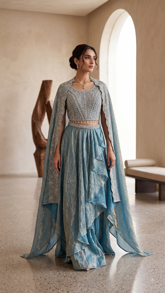 Shimmer Blue 3 Piece Skirt Set with Pearl-Drop Cape