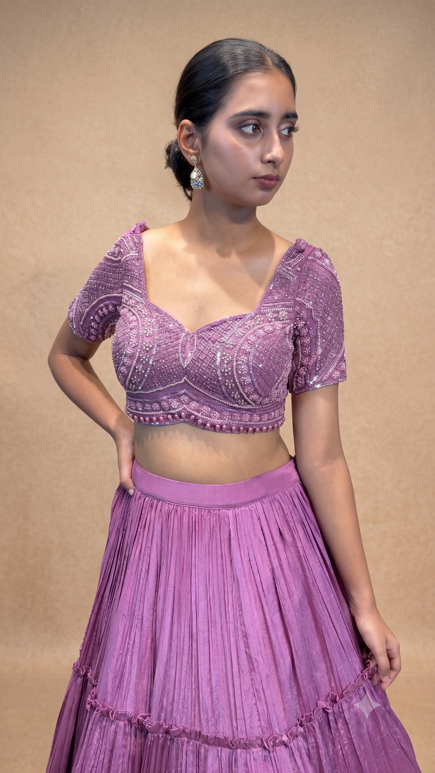 Mauve Hand‑Embroidered Tiered Lehenga Set