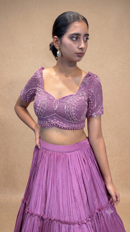 Mauve Hand‑Embroidered Tiered Lehenga Set