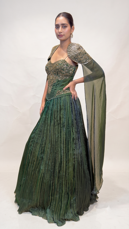 The Royal Emerald Corset Gown with Embellished Cape