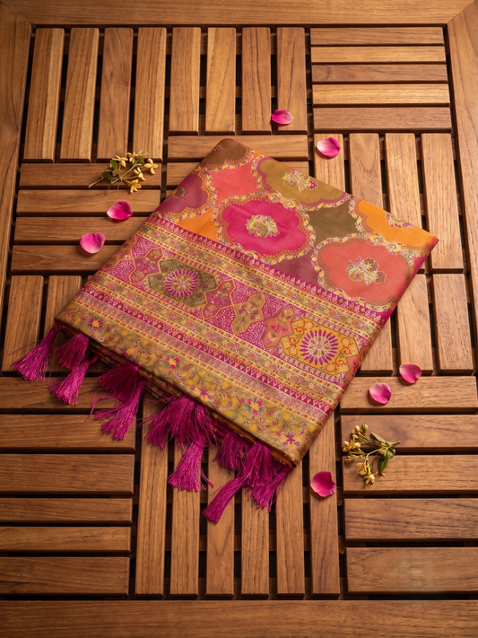 Opulent Fuchsia and Orange Indian Silk Saree