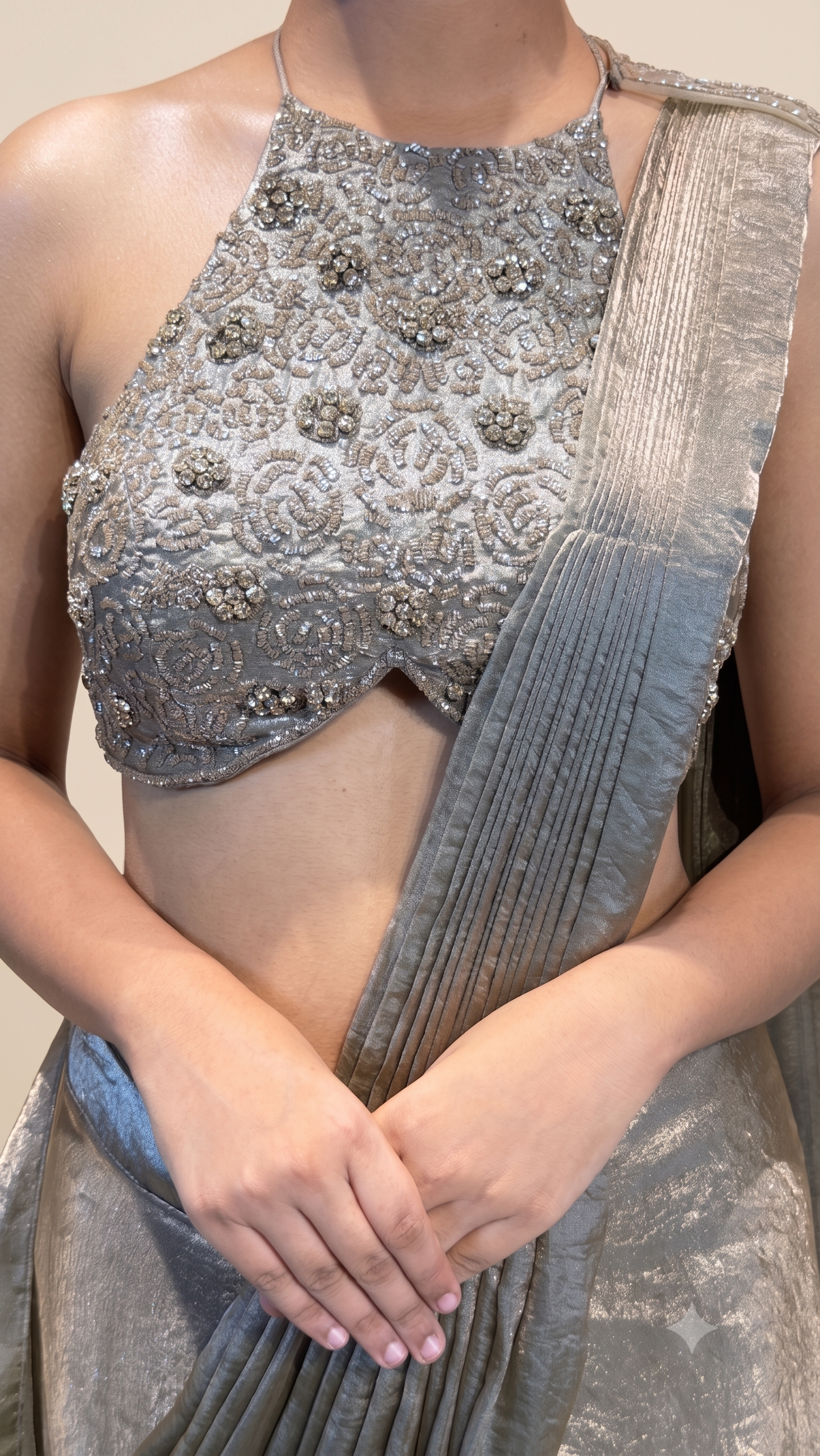 Olive Grey Embellished Pre‑Draped Saree with Cape