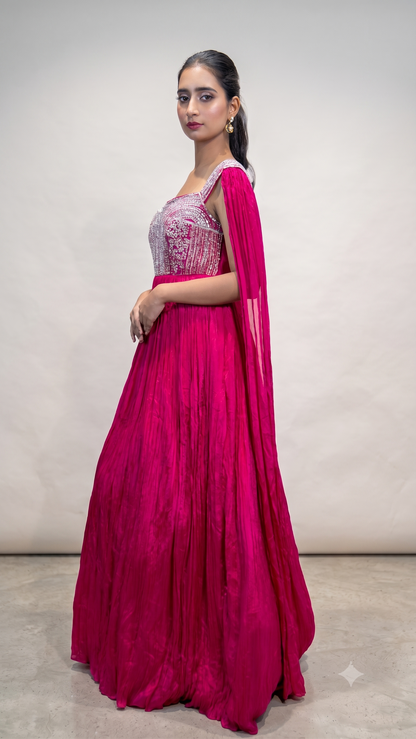 Fuchsia Pink Embellished Cape Sleeve Anarkali Gown
