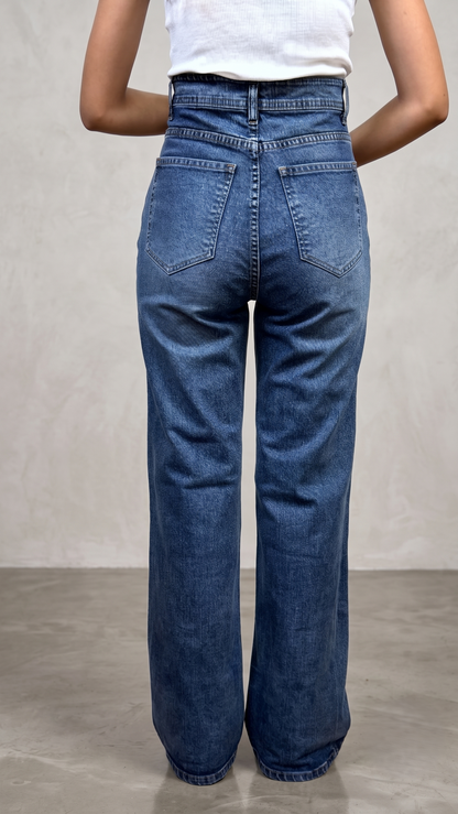 Banarashe Women's High-Waisted Mid-Blue Wide-Leg Jeans