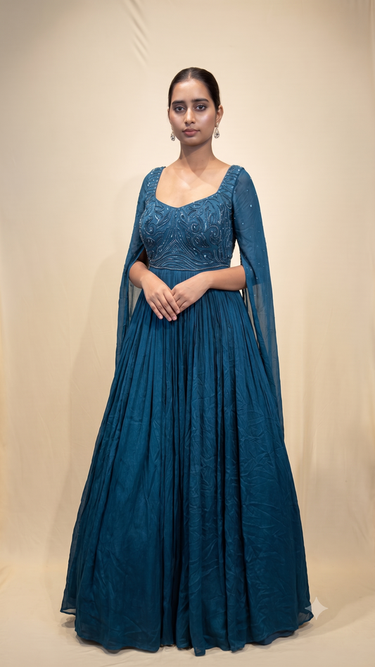 Teal Embellished Cape Sleeve Gown