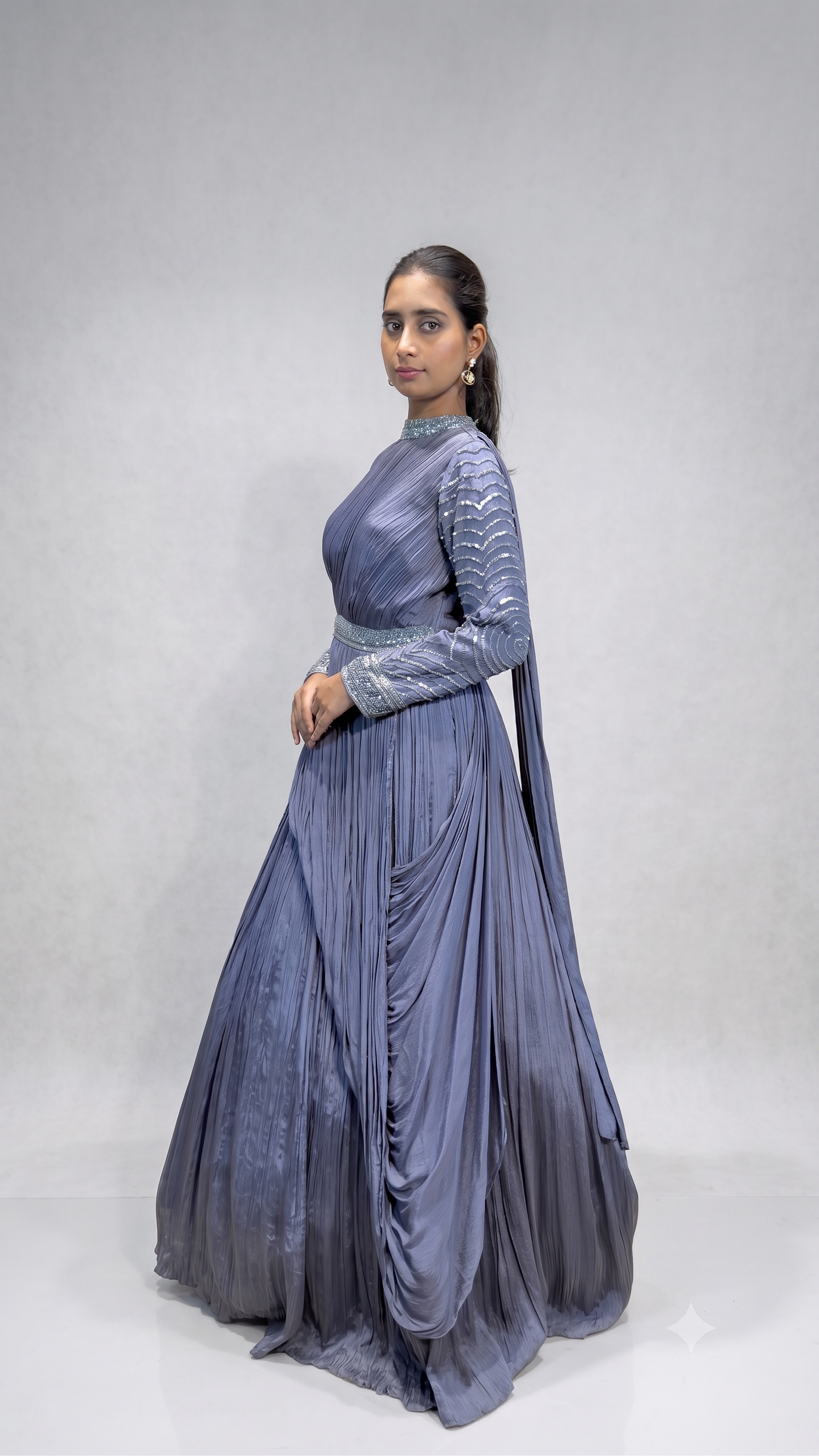asymmetrical anarkali dress Steel Grey Embellished Draped Gown – Baranashe Neck type April 2023 Women's Linen Blend V Size:3X / US 26-28