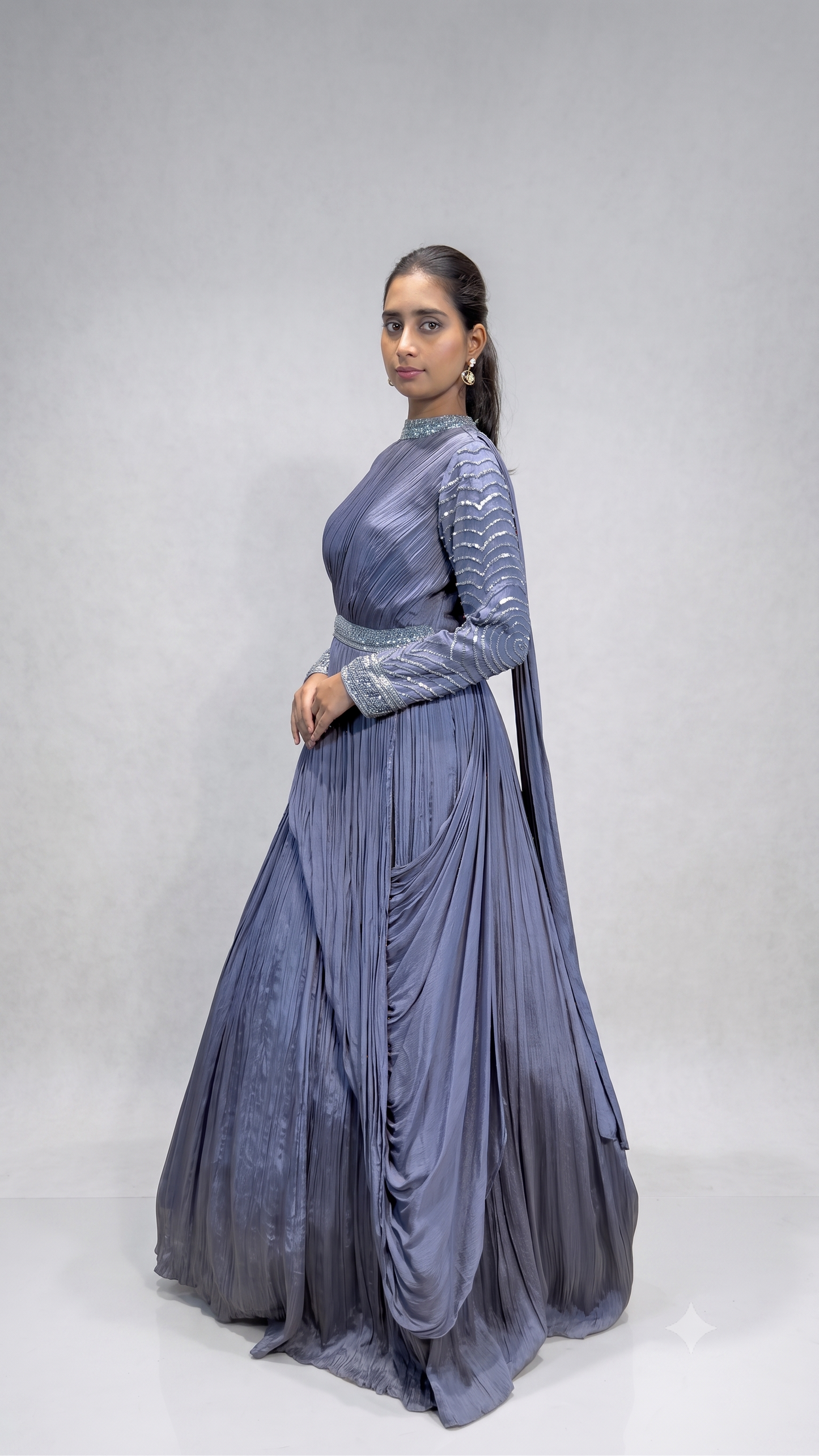 Steel Grey Embellished Asymmetrical Draped Anarkali Gown – Baranashe