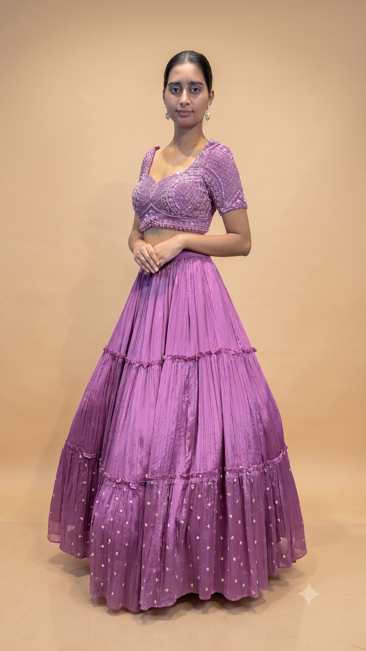 Mauve Hand‑Embroidered Tiered Lehenga Set