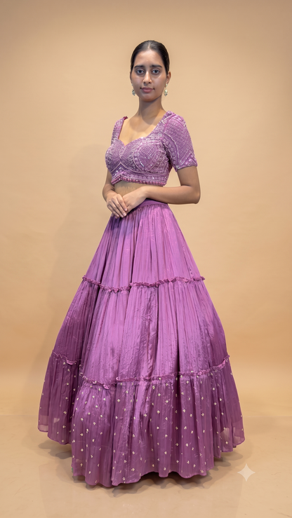 Mauve Hand‑Embroidered Tiered Lehenga Set