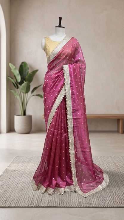 Rani Pink Tissue Chunri Saree with Lace Border