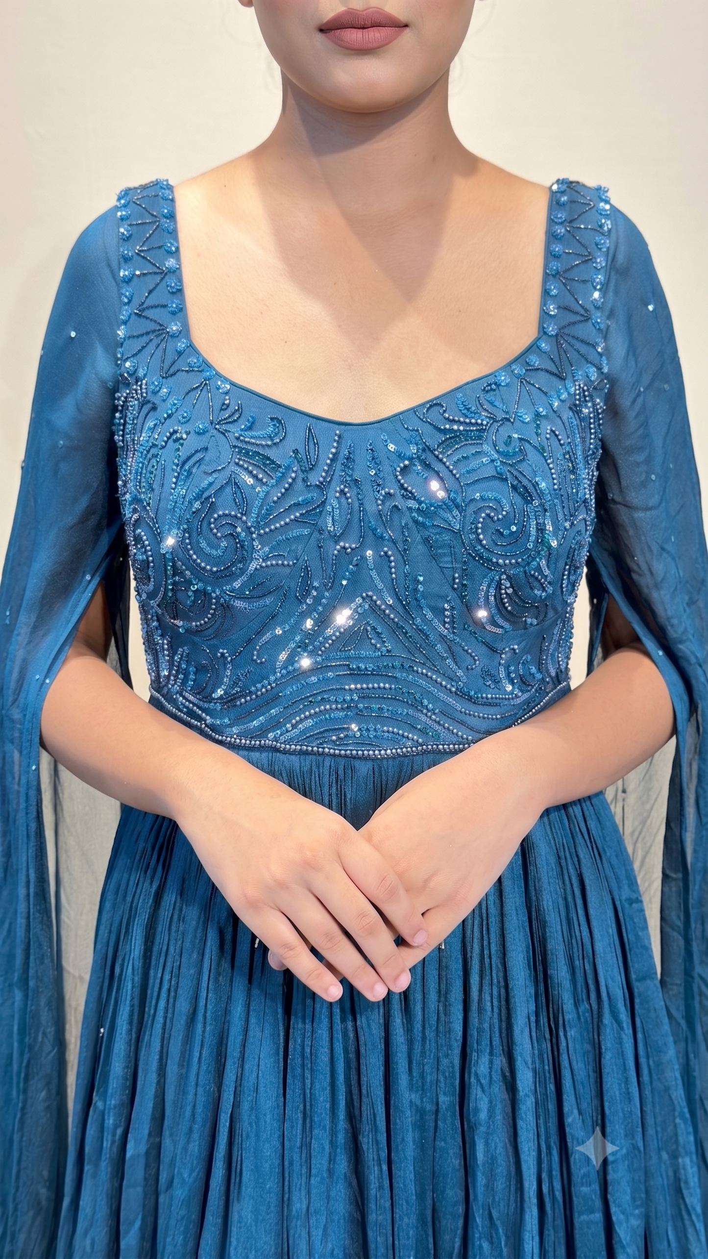 Teal Embellished Cape Sleeve Gown