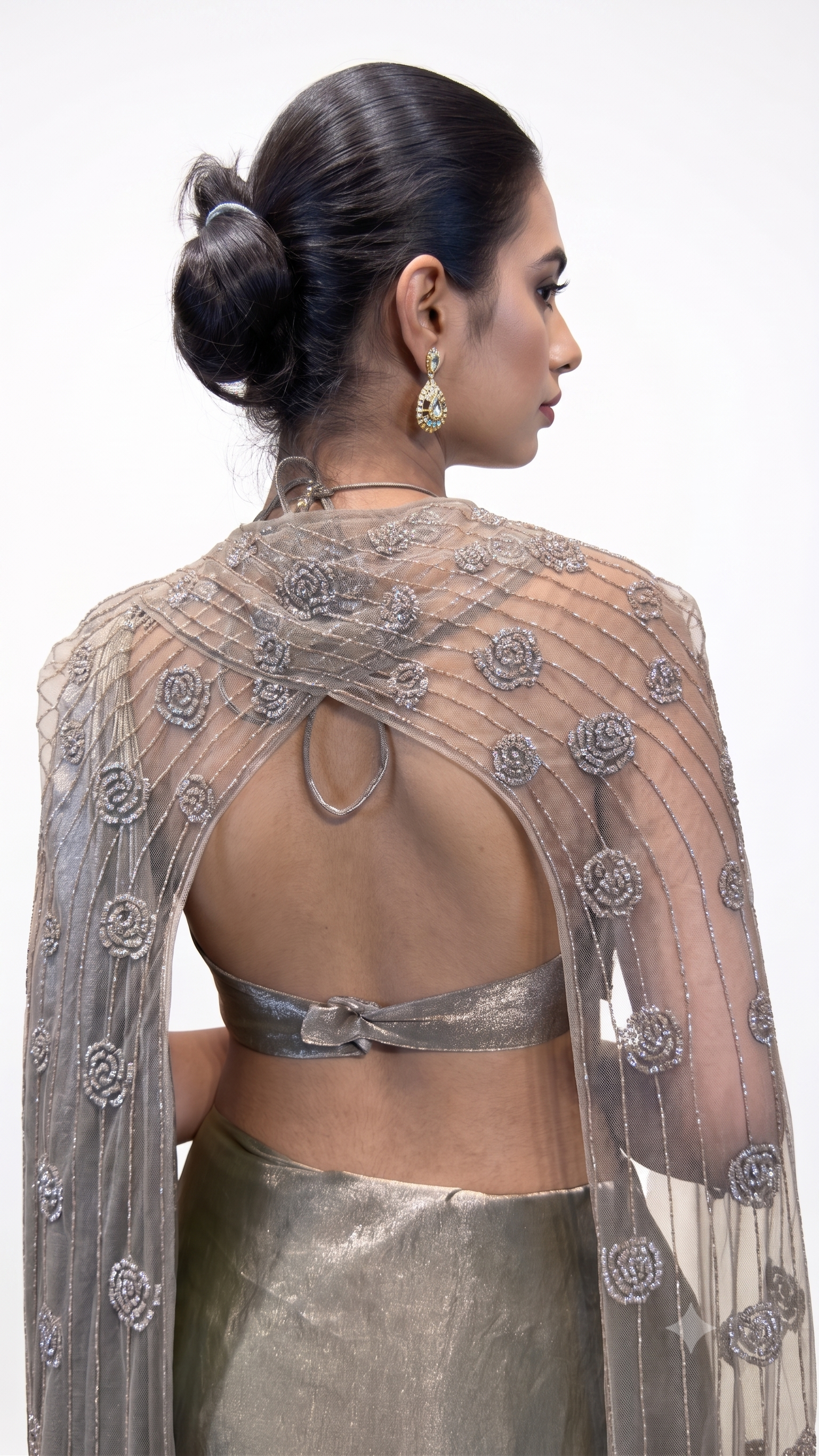 Olive Grey Embellished Pre‑Draped Saree with Cape