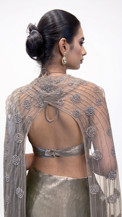 Olive Grey Embellished Pre‑Draped Saree with Cape