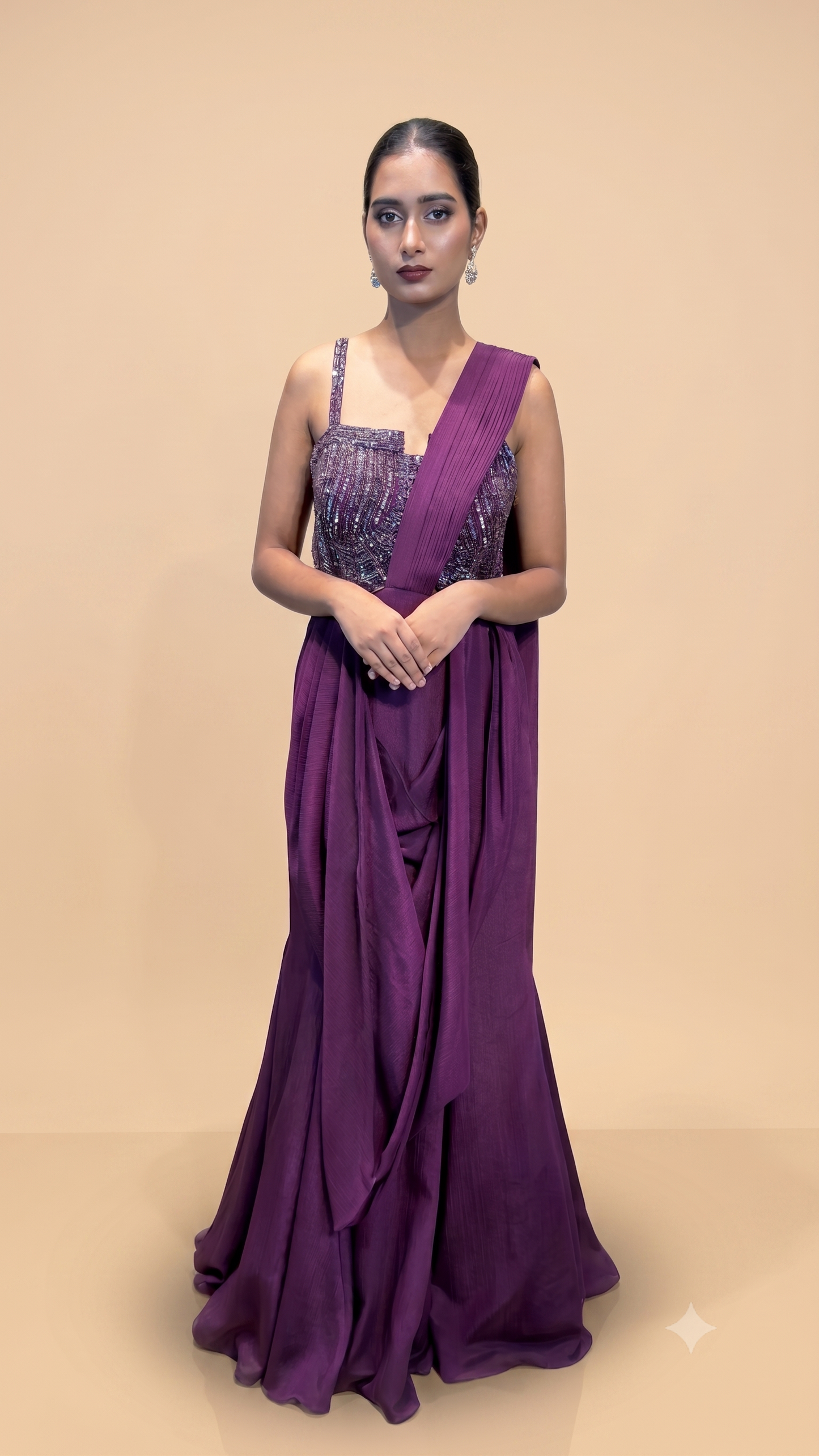 Plum Embellished Draped Saree Gown