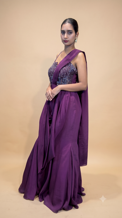 Plum Embellished Draped Saree Gown